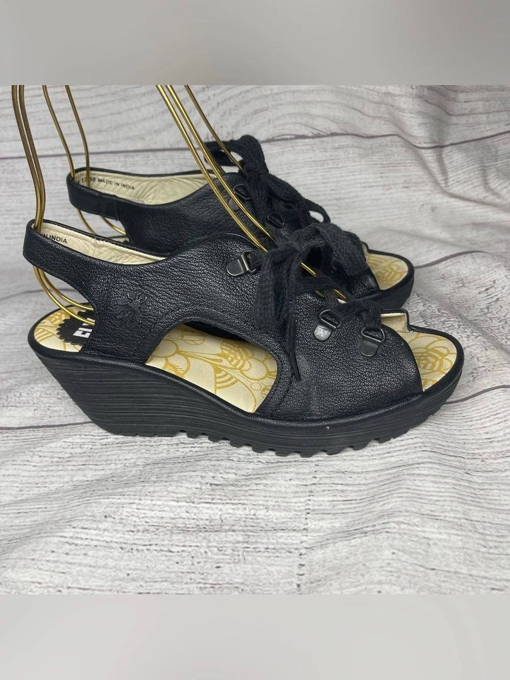 Fly London Women’s 7 (38) Ylfa Black Leather Lace Up Wedge Sandals